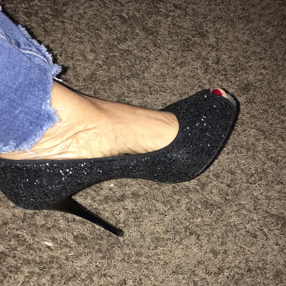 GIUSEPPE ZANOTTI EUC BLACK SEQUIN SPARKLE PLATFORM PEEP TOE PUMPS  SIZE EU 39